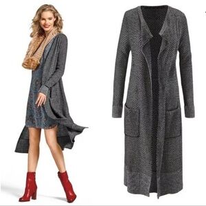 CAbi Lara Duster Cardigan Sweater Gray Black Knit w/ pockets